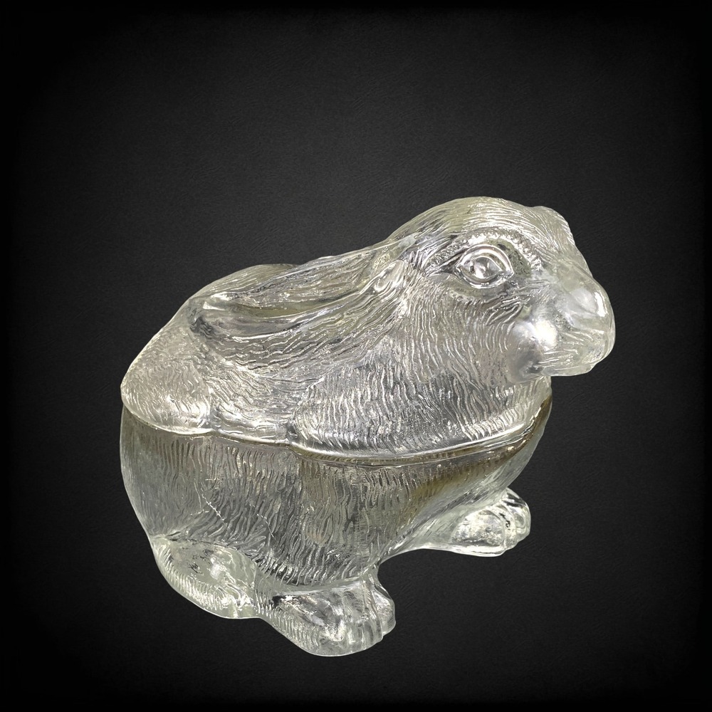 Large Rabbit Covered Candy Dish Vintage Textured Glass Bunny